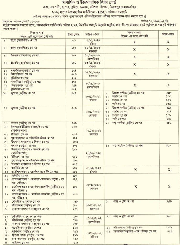 Hsc exam routine 2022 pdf - All boards - Dainikkantha